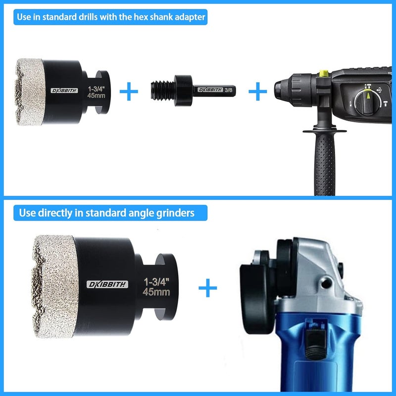 DKIBBITH 1-3/4'' Diamond Hole Saw, Vacuum Brazed Core Bit for Granite Tile Quartzite Marble Concrete Porcelain Ceramic Stones with 5/8-11 Thread Angle Grinders and 3/8” Hex Shank Electric Drills - Image 3